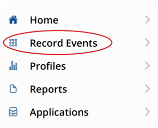 ICBF HerdPlus mobile app home menu displaying options including Home, Record Events, Profiles, Reports and Applications. The "Record Events" option is highlighted.