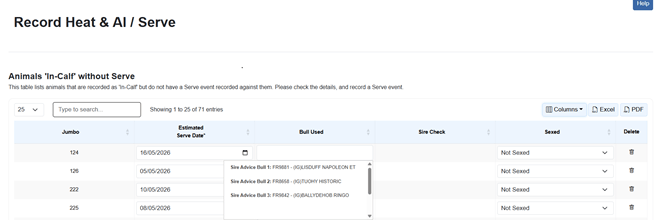 ICBF HerdPlus online account page titled "Record Heat & AI / Serve". The screen shows a table of animals recorded as in-calf without a serve event, allowing users to enter serve dates, select bulls and record AI information.