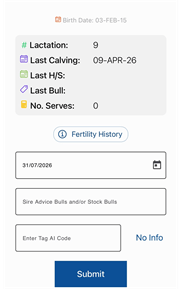 ICBF HerdPlus mobile app screen for recording a heat and serve event. The screen displays fertility details including lactation number, last calving date and number of serves, along with fields to enter the serve date, select a bull and submit the event.