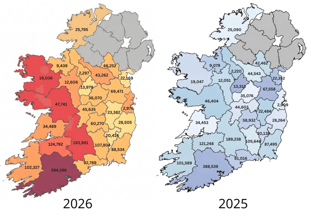 Comparison of dairy cow numbers by county in Ireland for 2025 and 2026, showing the distribution of Ireland's dairy herd and growth in dairy cow populations across counties.