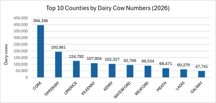 Top 10 counties ranked by dairy cow numbers in Ireland in 2026