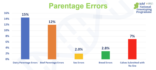 Bar chart showing parentage and sex errors identified through Ireland's National Genotyping Programme. Parentage errors were detected in 15% of dairy calves and 12% of beef calves, while sex errors were identified in 2% of calves from one million samples processed in 2026.